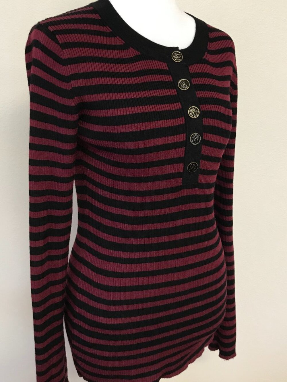 Karl Lagerfeld Paris XS Ribbed Knit Striped Top Burgundy Black Logo Buttons NWOT